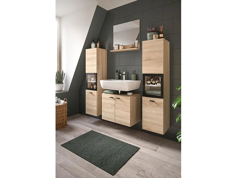 Boston - Ensemble de 4 meubles de salle de bains (L/H/P : 137x186x33 cm) en mélaminé chêne, vasque non incluse