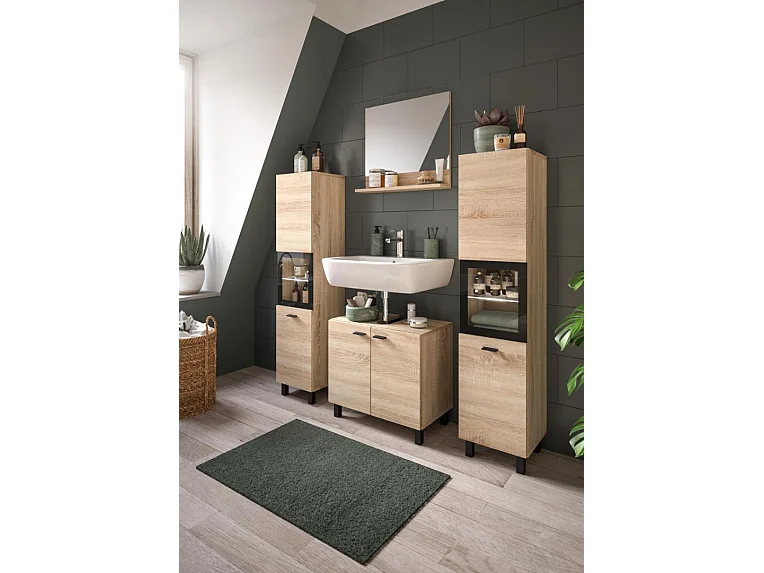 Boston - Ensemble de 4 meubles de salle de bains (L/H/P : 137x186x33 cm) en mélaminé chêne, vasque non incluse