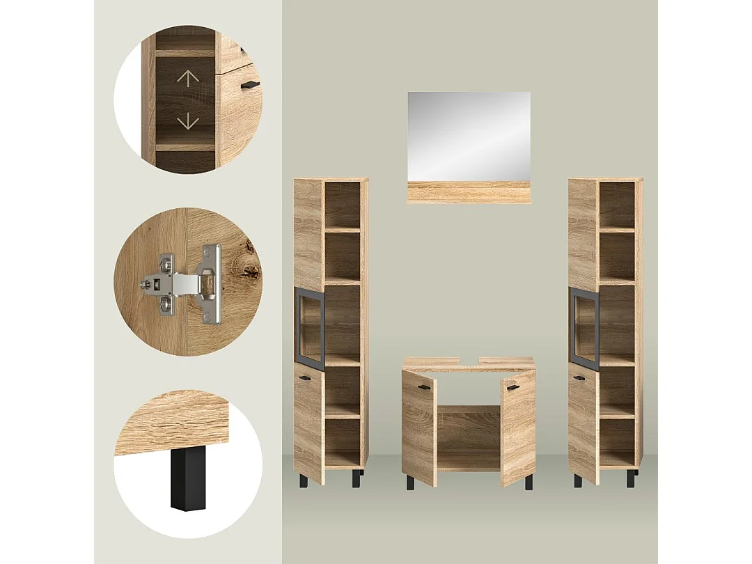 Boston - Ensemble de 4 meubles de salle de bains (L/H/P : 137x186x33 cm) en mélaminé chêne, vasque non incluse