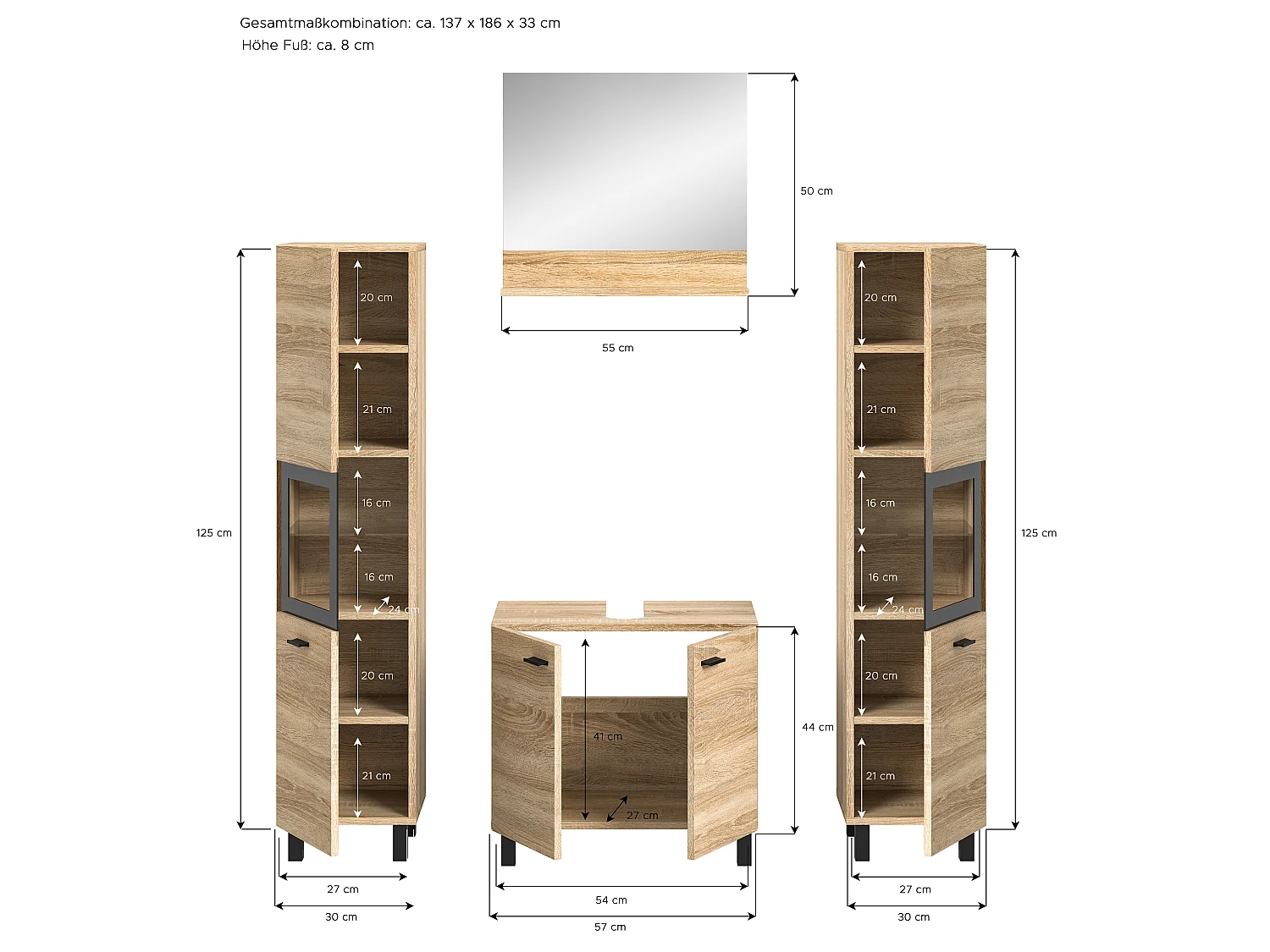 Boston - Ensemble de 4 meubles de salle de bains (L/H/P : 137x186x33 cm) en mélaminé chêne, vasque non incluse