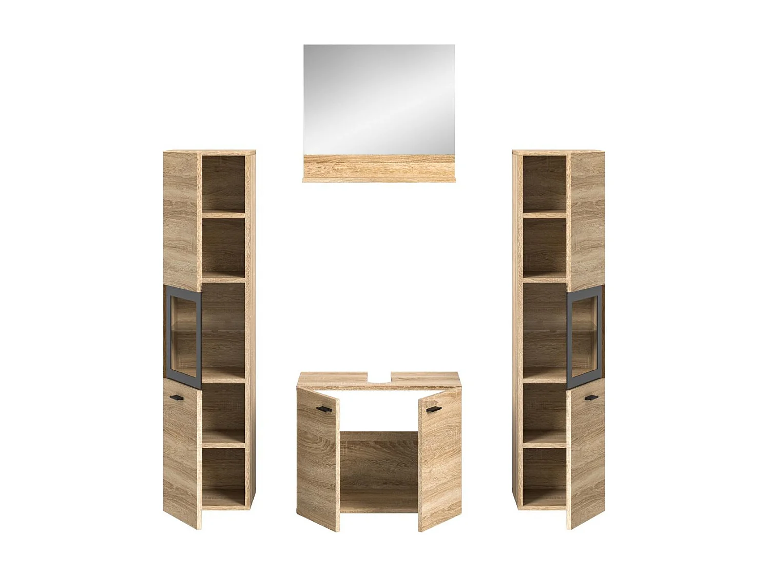Boston - Ensemble de 4 meubles de salle de bains (L/H/P : 137x186x33 cm) en mélaminé chêne, vasque non incluse