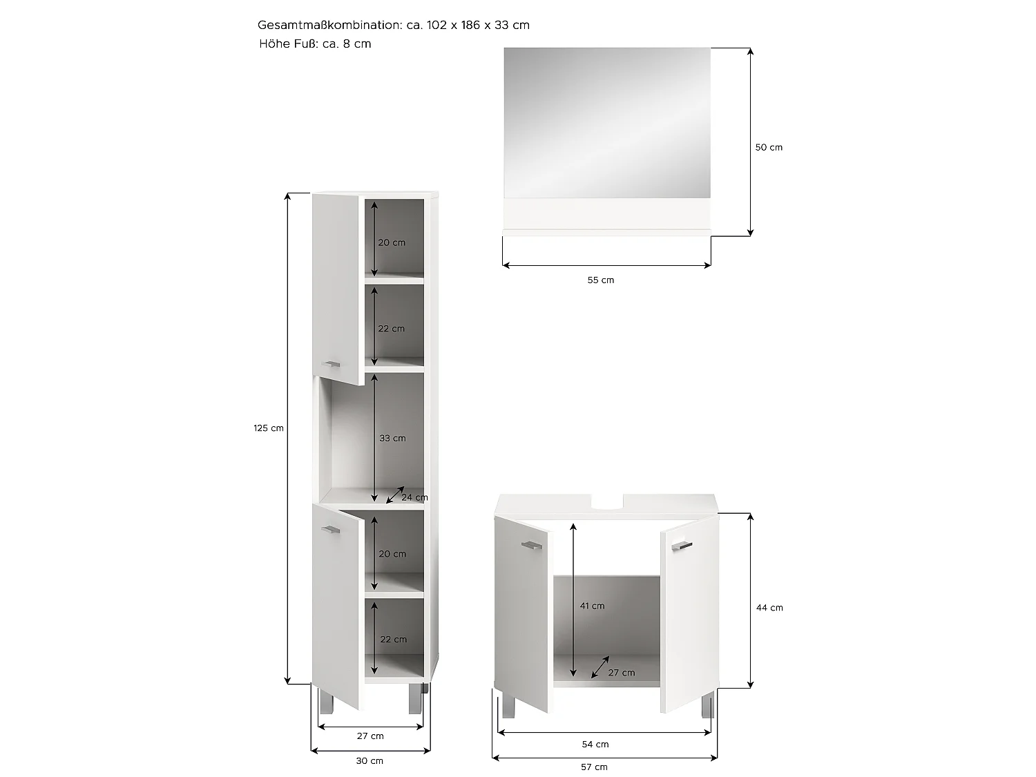 Boston - Ensemble de 3 meubles de salle de bains (L/H/P : 102x186x33 cm) en mélaminé  blanc, vasque non incluse