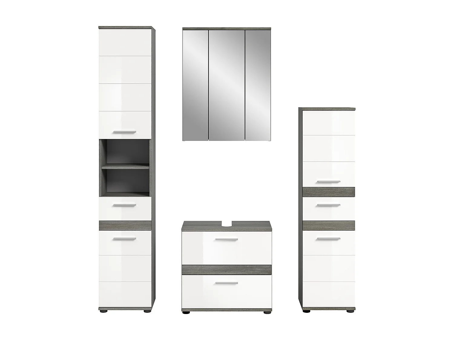 Kaleb - Ensemble de 4 meubles de salle de bains en mélaminé blanc et argenté, vasque non incluse (L/H/P : 160x191x34 cm)