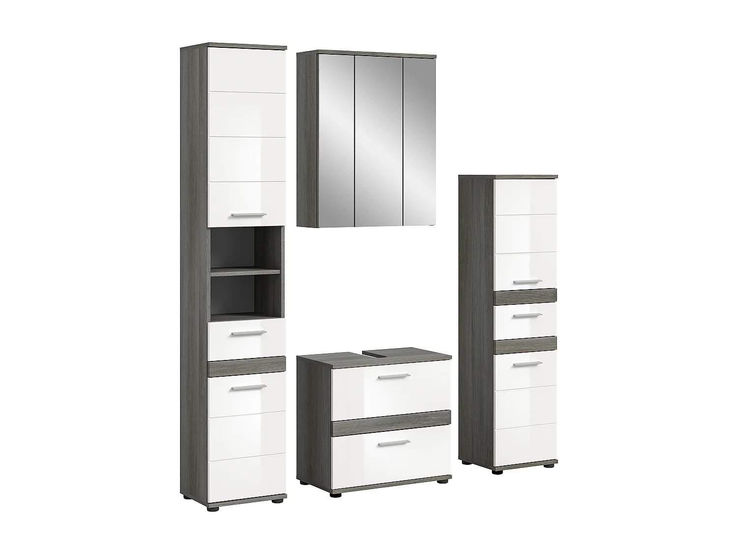 Kaleb - Ensemble de 4 meubles de salle de bains en mélaminé blanc et argenté, vasque non incluse (L/H/P : 160x191x34 cm)