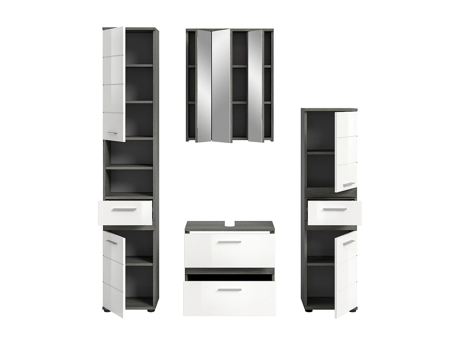 Kaleb - Ensemble de 4 meubles de salle de bains en mélaminé blanc et argenté, vasque non incluse (L/H/P : 160x191x34 cm)