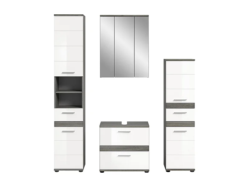 Kaleb - Ensemble de 4 meubles de salle de bains en mélaminé blanc et argenté, vasque non incluse (L/H/P : 160x191x34 cm)