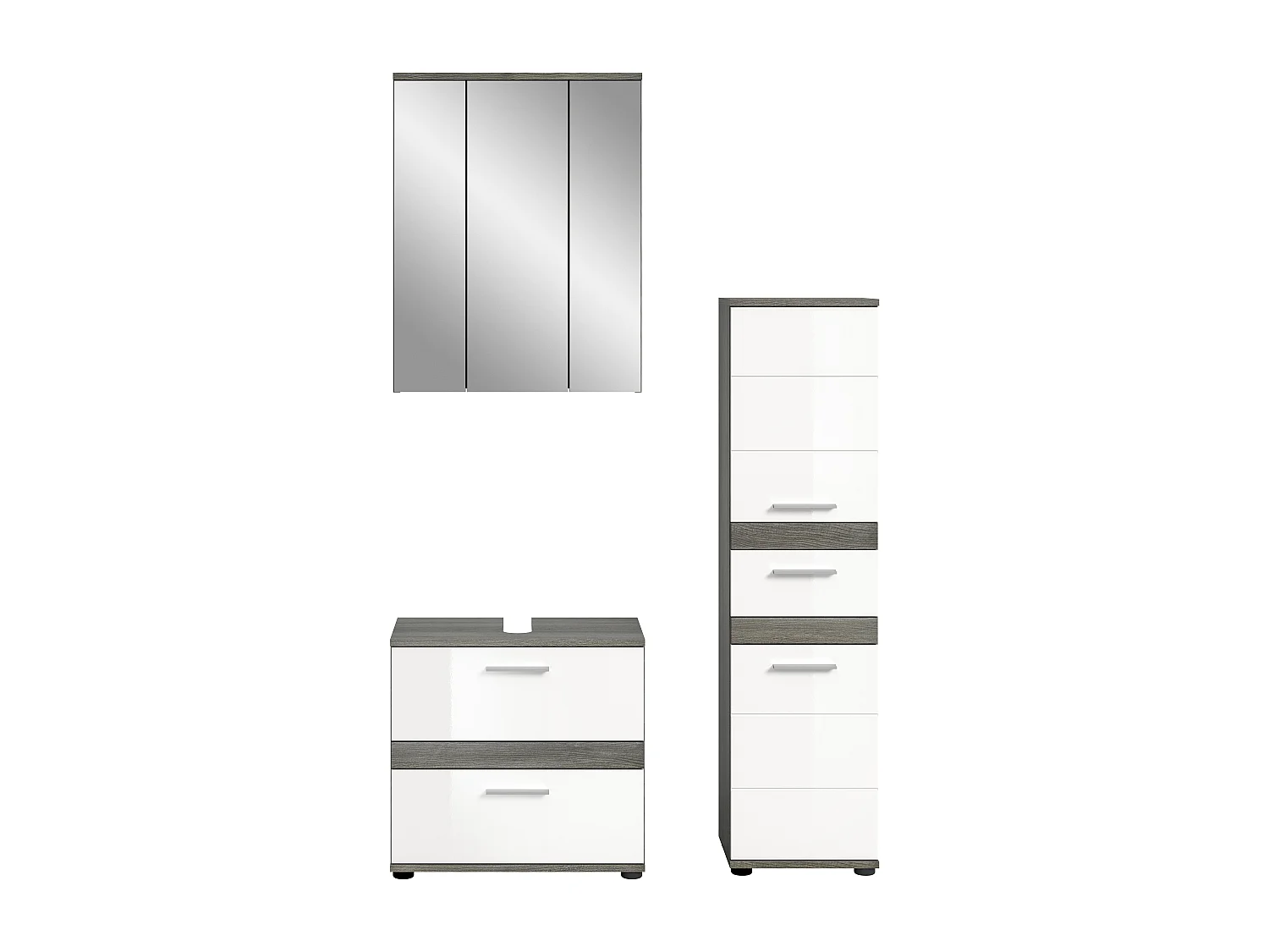 Kaleb - Ensemble de 3 meubles de salle de bains en mélaminé blanc et argenté, vasque non incluse (L/H/P : 110x191x34 cm)