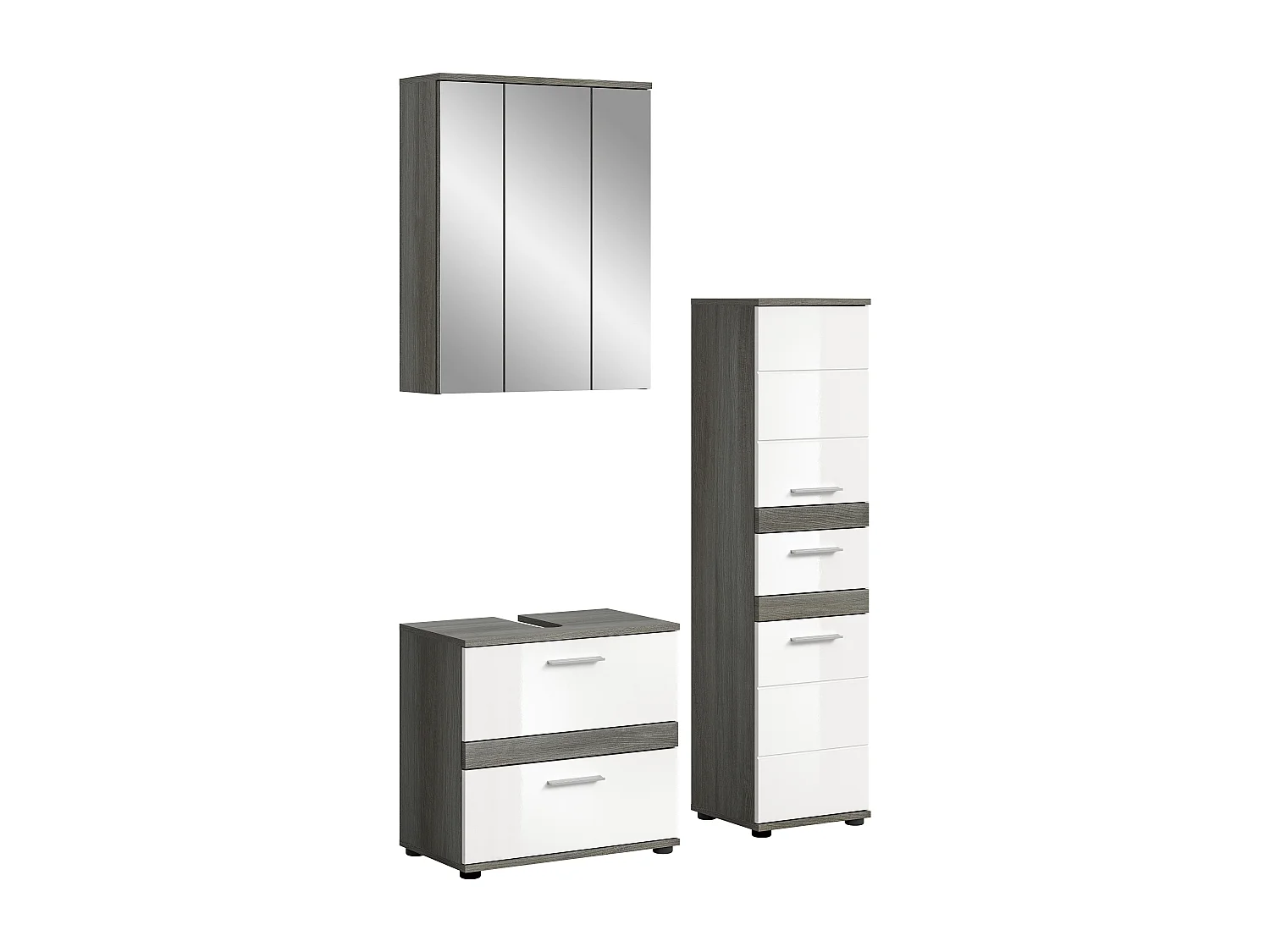 Kaleb - Ensemble de 3 meubles de salle de bains en mélaminé blanc et argenté, vasque non incluse (L/H/P : 110x191x34 cm)