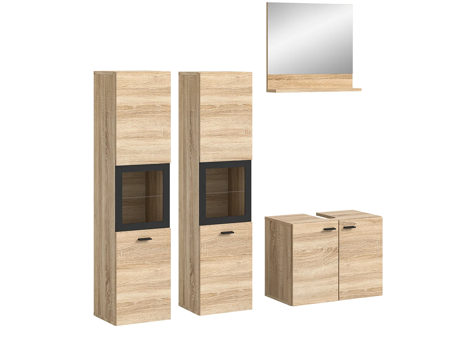Boston - Ensemble de 4 meubles de salle de bains (L/H/P : 137x186x33 cm) en mélaminé chêne, vasque non incluse