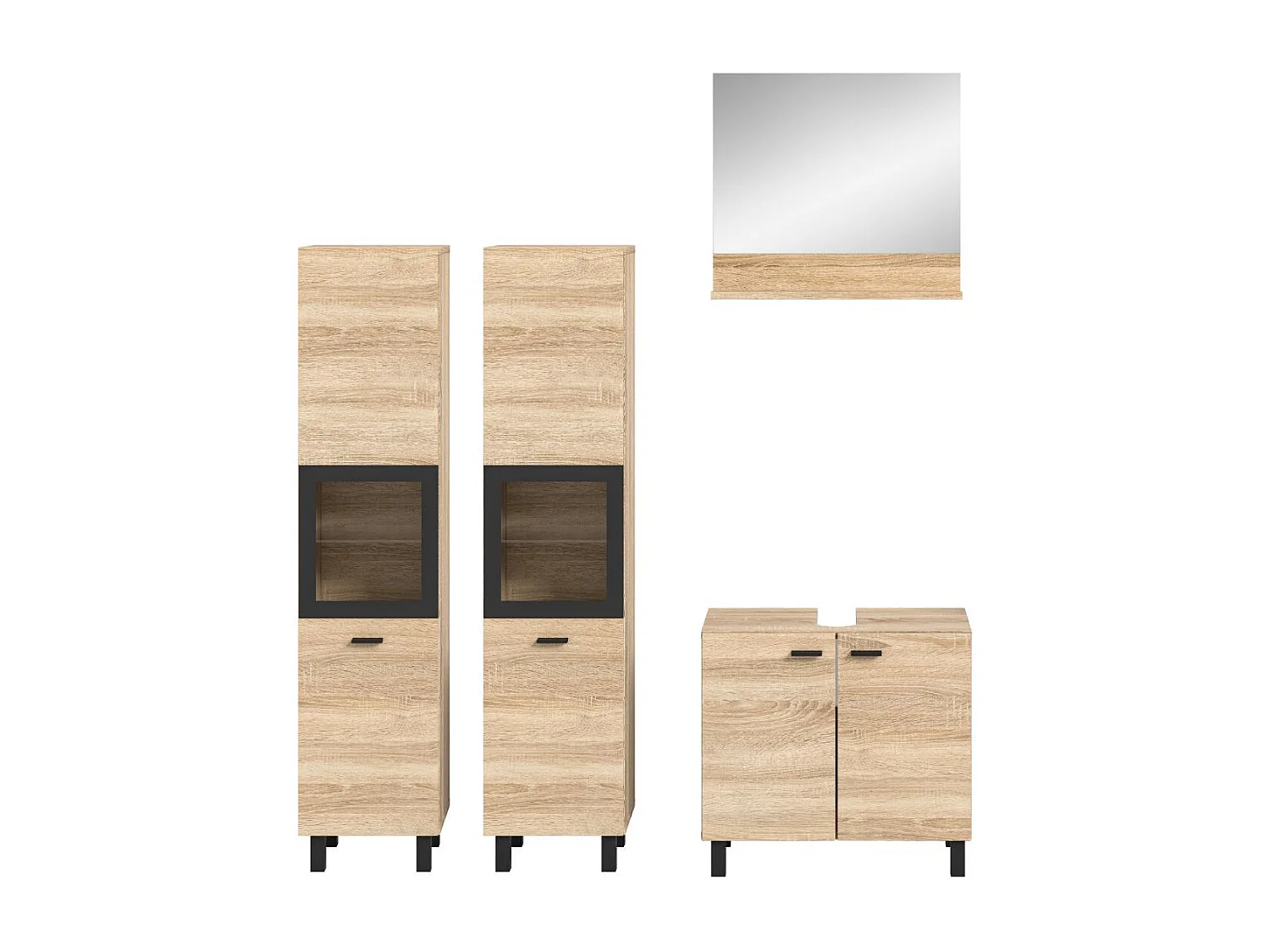 Boston - Ensemble de 4 meubles de salle de bains (L/H/P : 137x186x33 cm) en mélaminé chêne, vasque non incluse