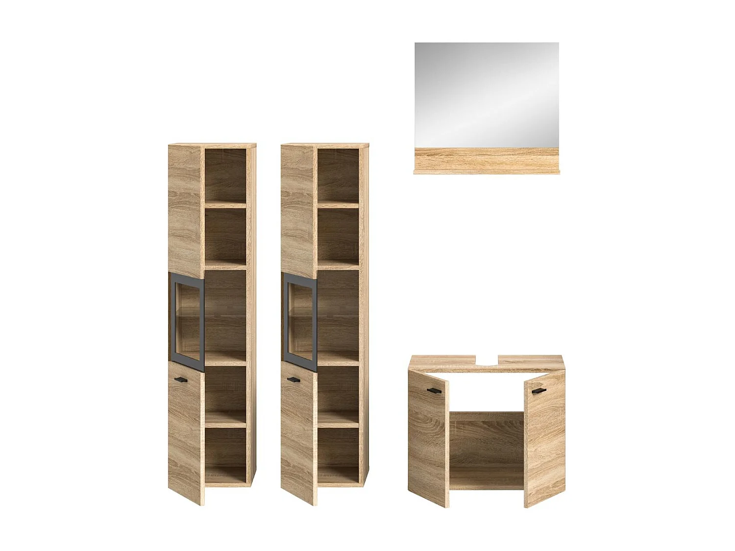 Boston - Ensemble de 4 meubles de salle de bains (L/H/P : 137x186x33 cm) en mélaminé chêne, vasque non incluse