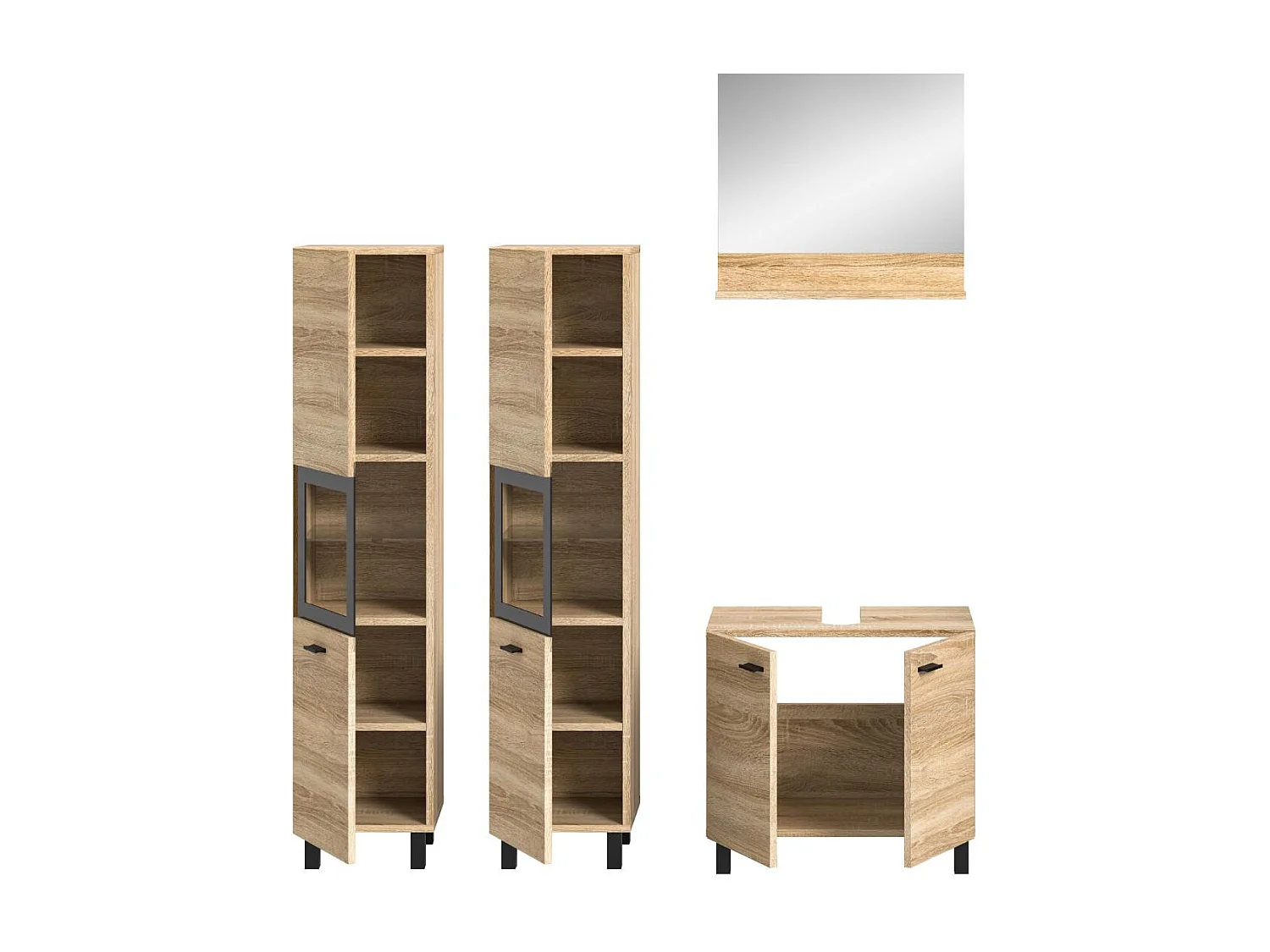 Boston - Ensemble de 4 meubles de salle de bains (L/H/P : 137x186x33 cm) en mélaminé chêne, vasque non incluse