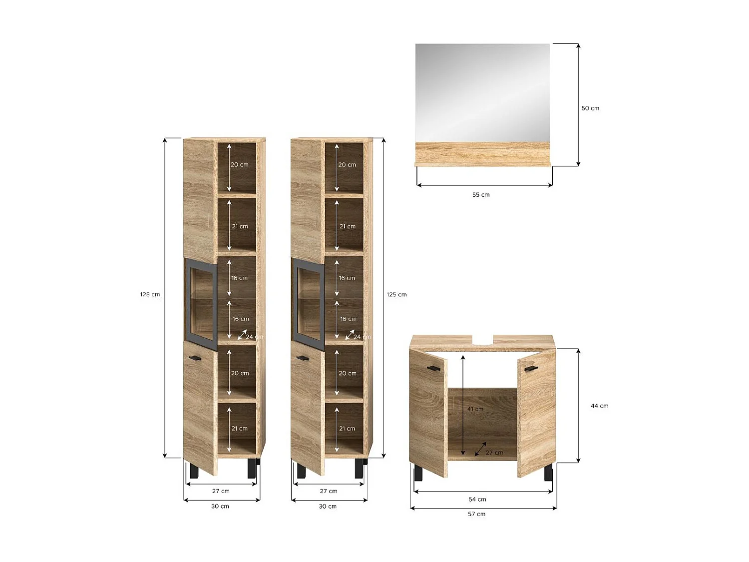 Boston - Ensemble de 4 meubles de salle de bains (L/H/P : 137x186x33 cm) en mélaminé chêne, vasque non incluse