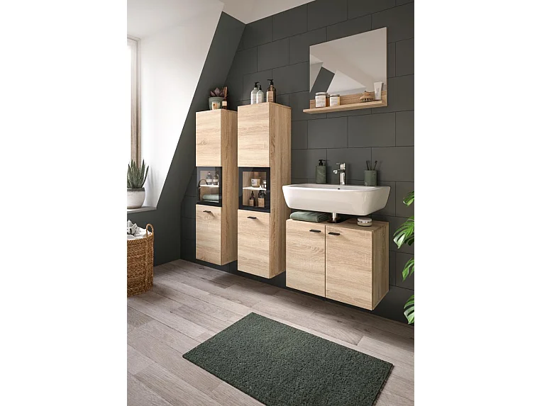 Boston - Ensemble de 4 meubles de salle de bains (L/H/P : 137x186x33 cm) en mélaminé chêne, vasque non incluse