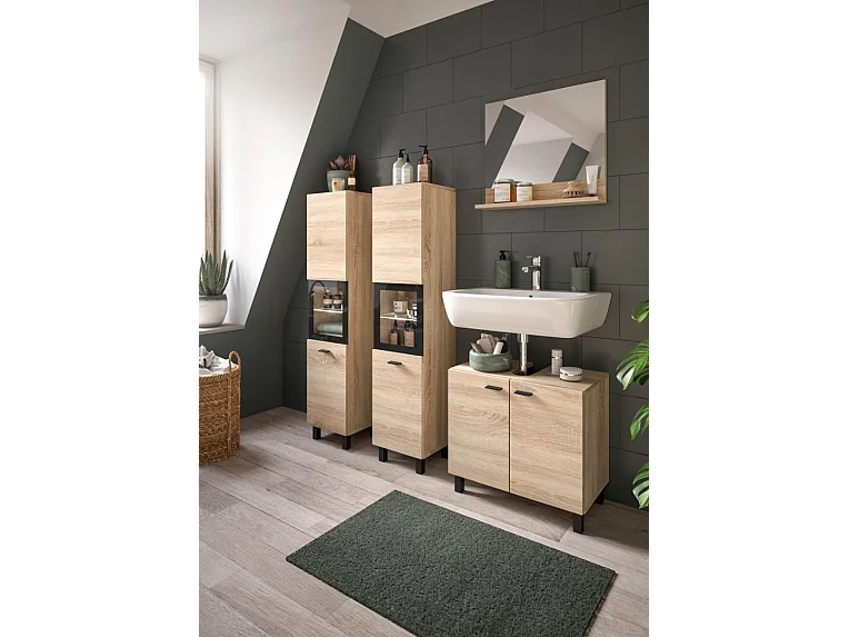 Boston - Ensemble de 4 meubles de salle de bains (L/H/P : 137x186x33 cm) en mélaminé chêne, vasque non incluse