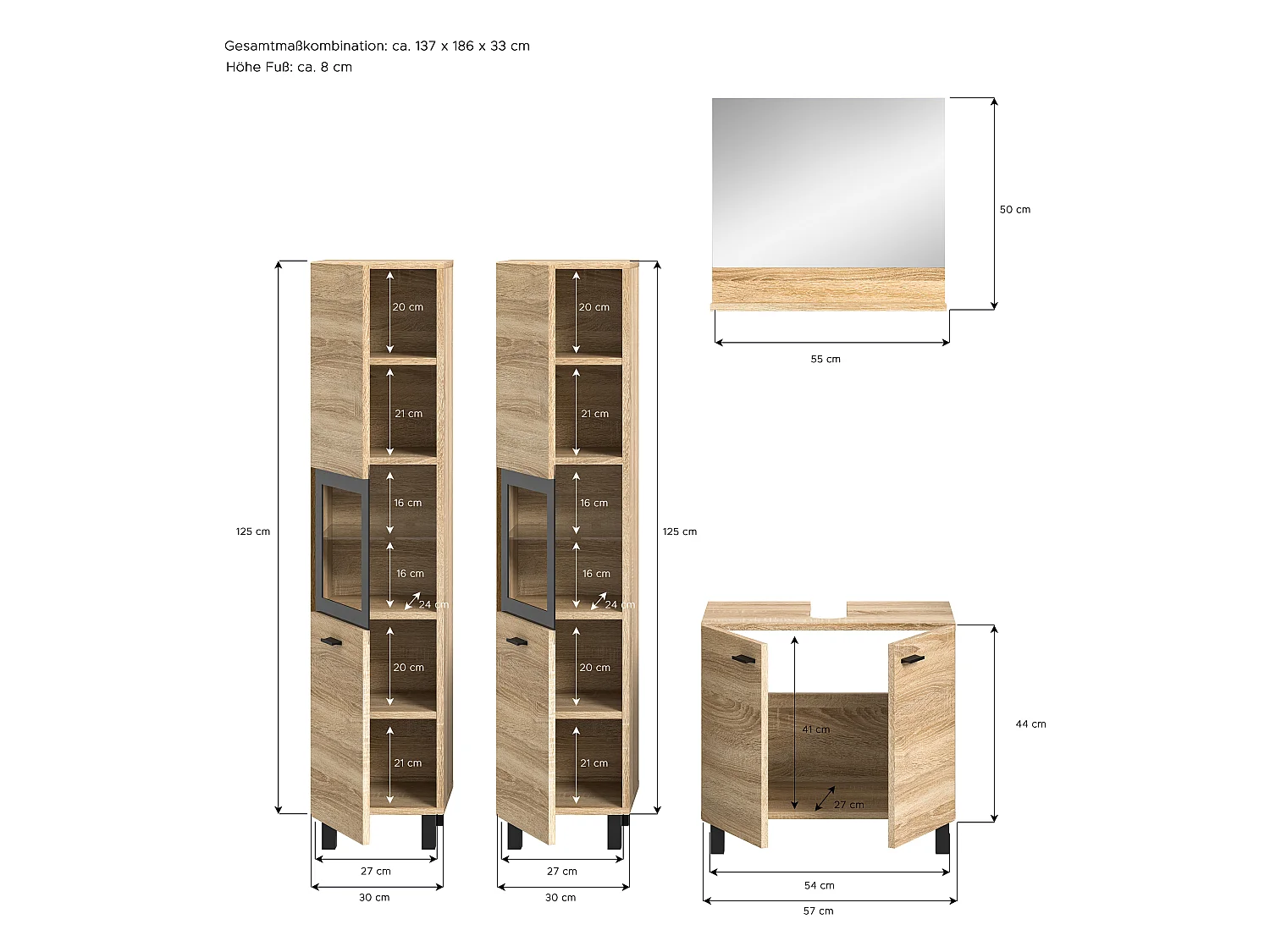 Boston - Ensemble de 4 meubles de salle de bains (L/H/P : 137x186x33 cm) en mélaminé chêne, vasque non incluse