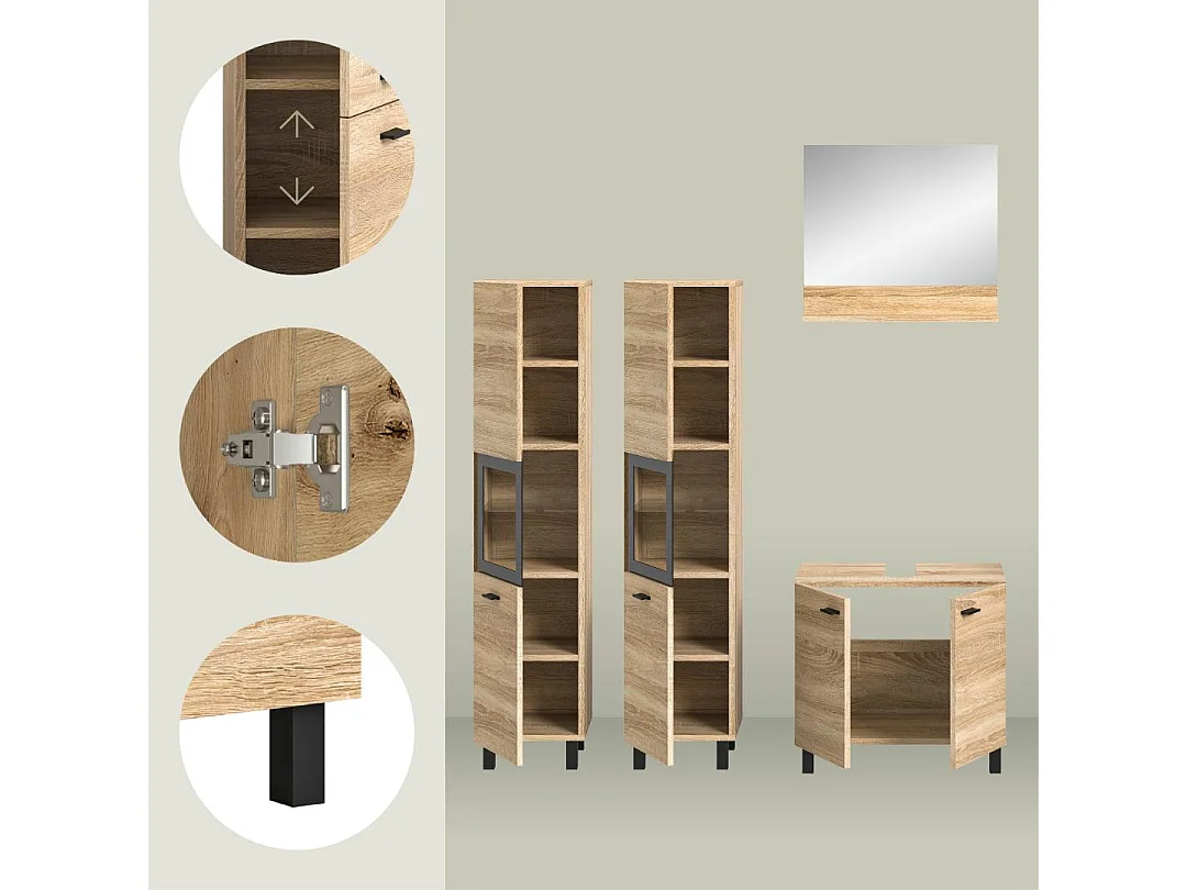 Boston - Ensemble de 4 meubles de salle de bains (L/H/P : 137x186x33 cm) en mélaminé chêne, vasque non incluse