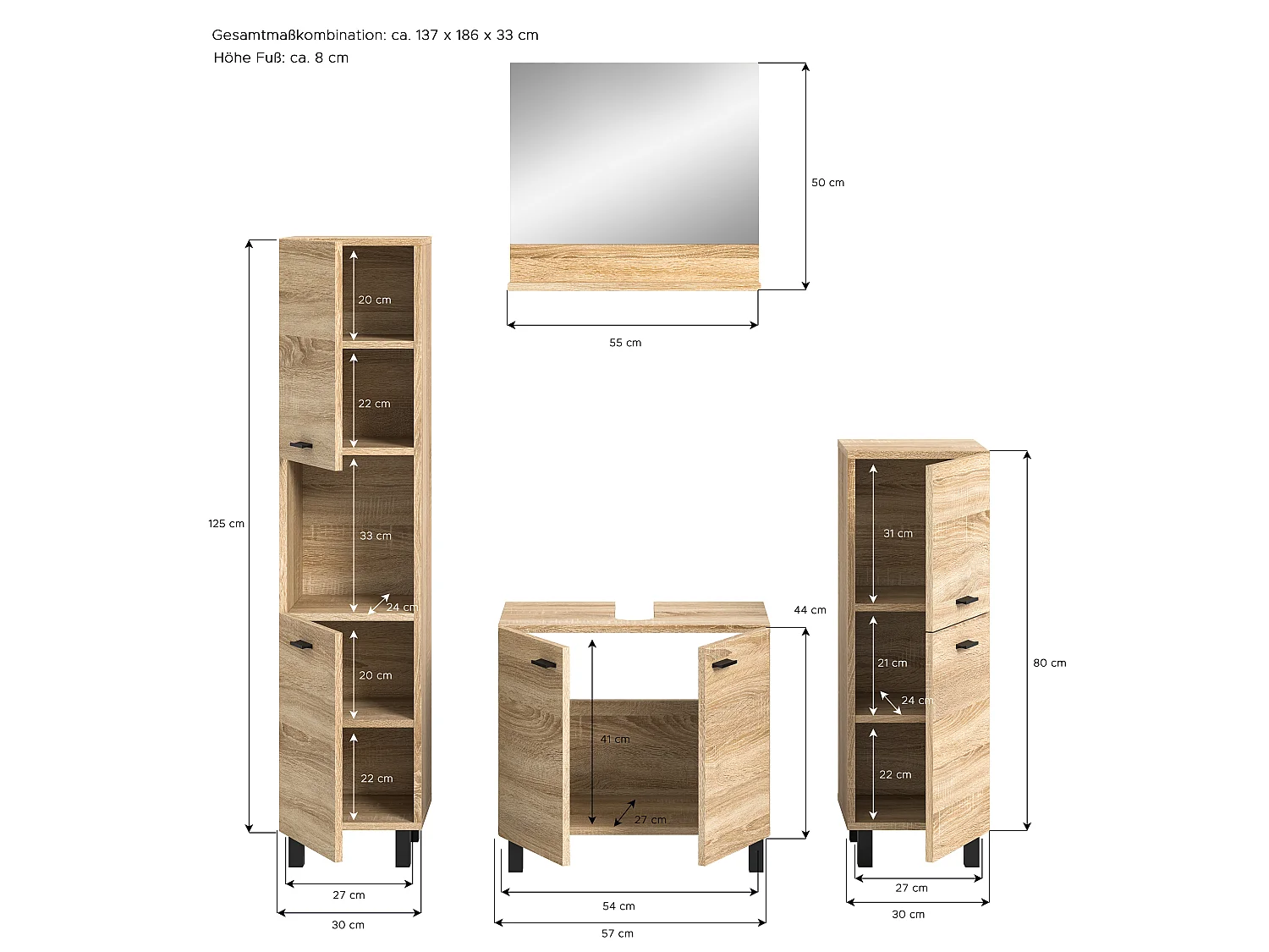 Boston - Ensemble de 4 meubles de salle de bains (L/H/P : 137x186x33 cm) en mélaminé chêne, vasque non incluse