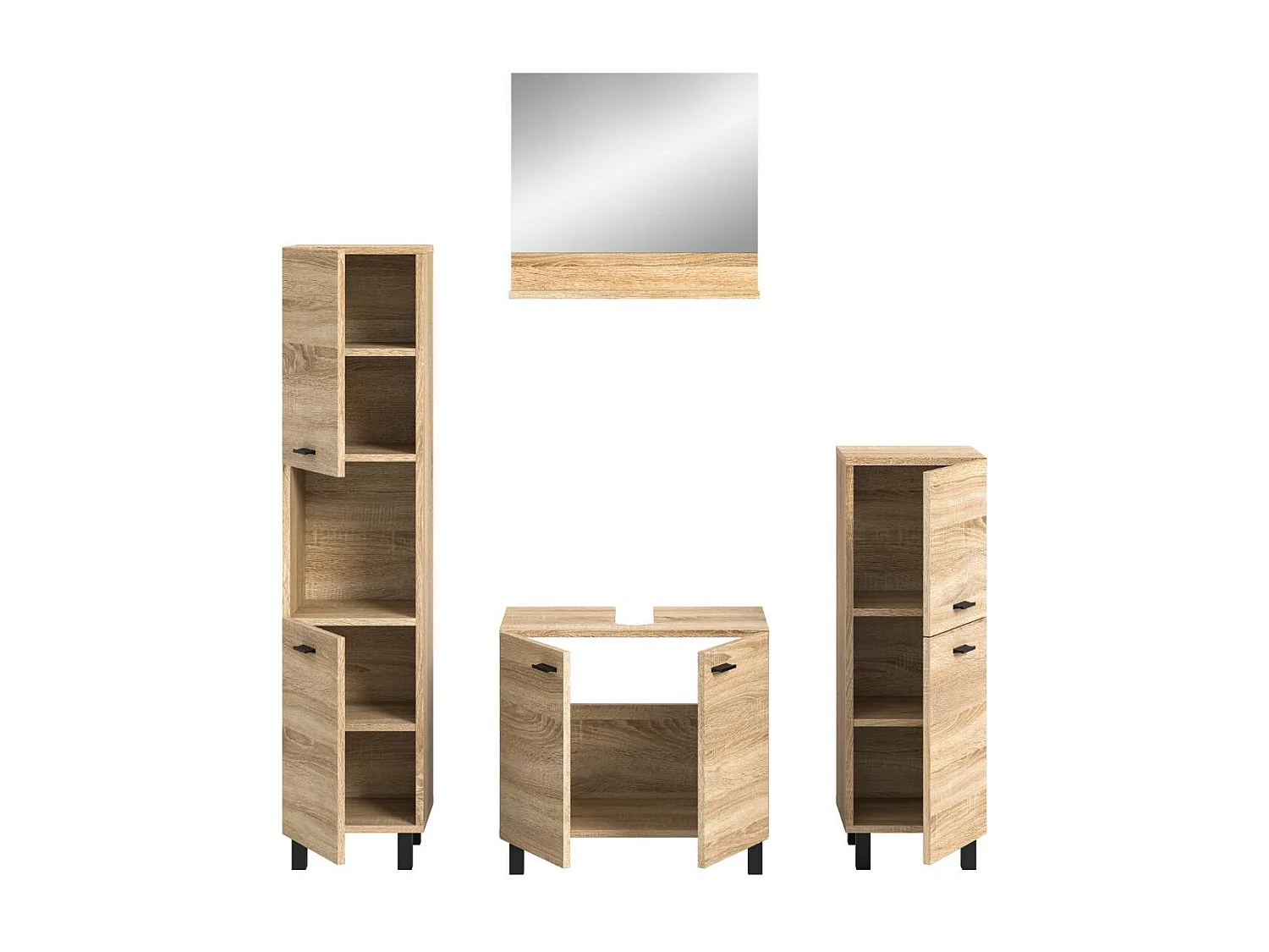 Boston - Ensemble de 4 meubles de salle de bains (L/H/P : 137x186x33 cm) en mélaminé chêne, vasque non incluse