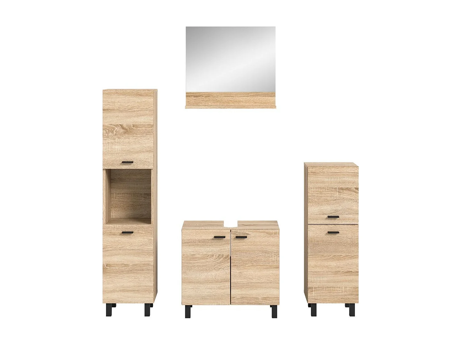 Boston - Ensemble de 4 meubles de salle de bains (L/H/P : 137x186x33 cm) en mélaminé chêne, vasque non incluse