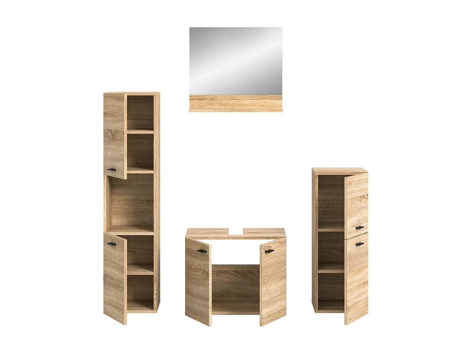 Boston - Ensemble de 4 meubles de salle de bains (L/H/P : 137x186x33 cm) en mélaminé chêne, vasque non incluse