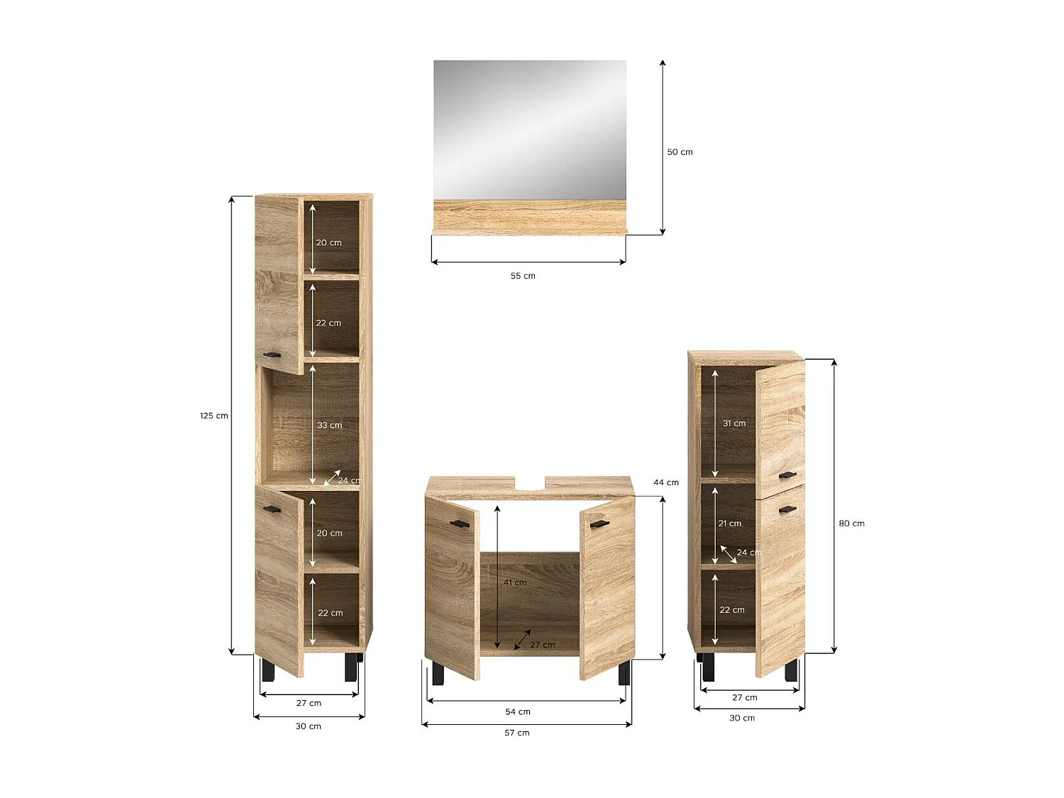 Boston - Ensemble de 4 meubles de salle de bains (L/H/P : 137x186x33 cm) en mélaminé chêne, vasque non incluse