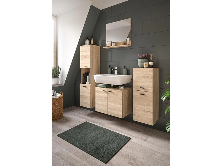 Boston - Ensemble de 4 meubles de salle de bains (L/H/P : 137x186x33 cm) en mélaminé chêne, vasque non incluse