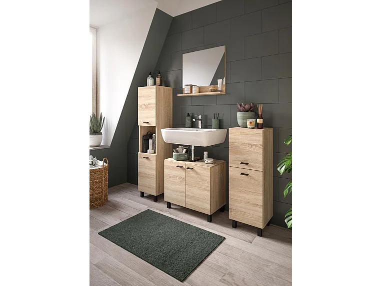 Boston - Ensemble de 4 meubles de salle de bains (L/H/P : 137x186x33 cm) en mélaminé chêne, vasque non incluse