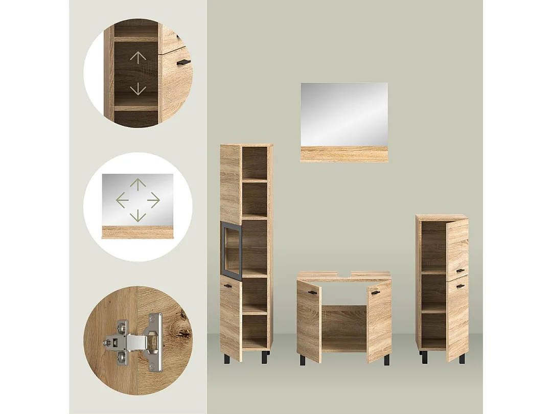 Boston - Ensemble de 4 meubles de salle de bains (L/H/P : 137x186x33 cm) en mélaminé chêne, vasque non incluse