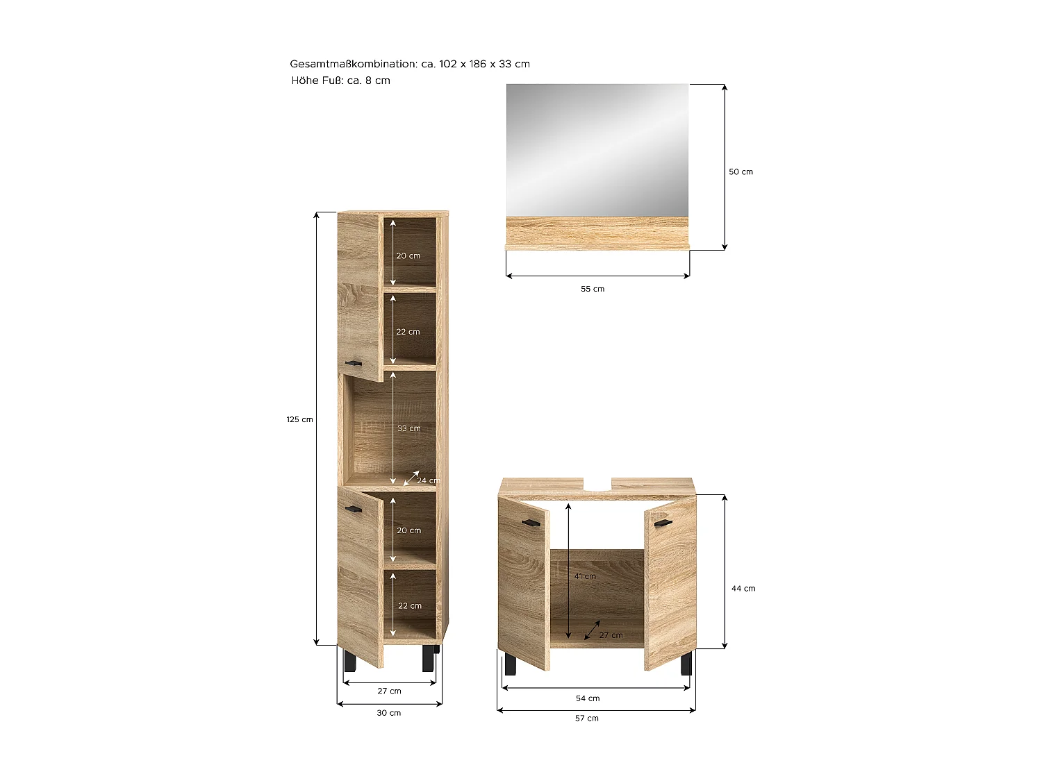 Tambo - Ensemble de 3 meubles de salle de bains (L/H/P : 102x186x33 cm) en mélaminé chêne, vasque non incluse