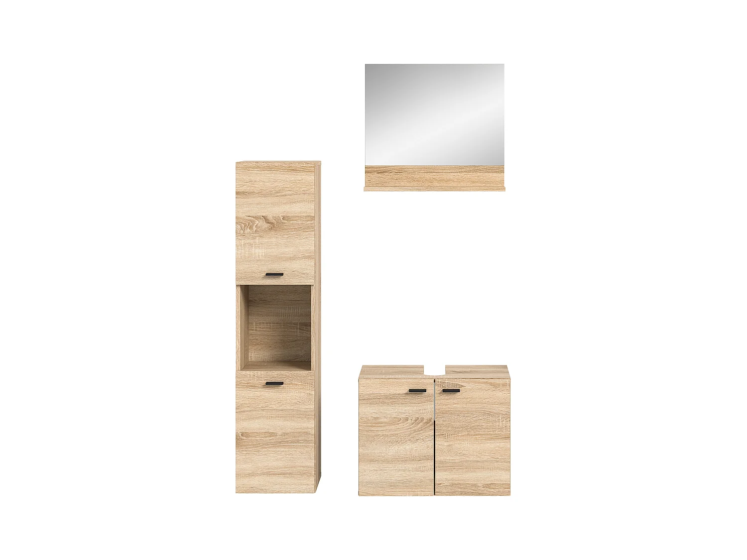 Tambo - Ensemble de 3 meubles de salle de bains (L/H/P : 102x186x33 cm) en mélaminé chêne, vasque non incluse