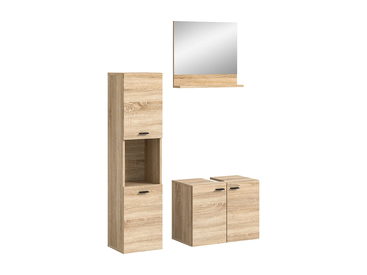 Tambo - Ensemble de 3 meubles de salle de bains (L/H/P : 102x186x33 cm) en mélaminé chêne, vasque non incluse