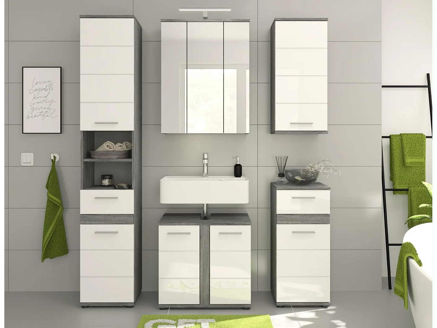 Blake Badmöbelset B11 Inkl. Beleuchtung Weiß hochglanz, grau.
