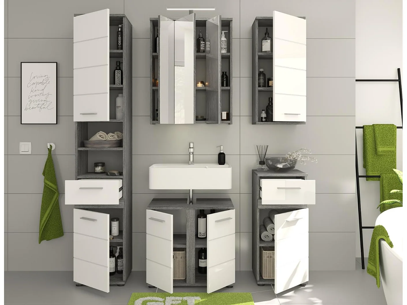 Blake Badmöbelset B11 Inkl. Beleuchtung Weiß hochglanz, grau.