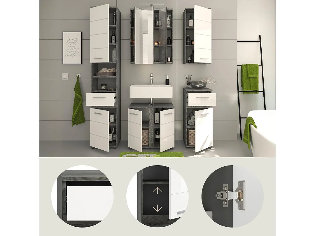 Blake Badmöbelset B11 Inkl. Beleuchtung Weiß hochglanz, grau.