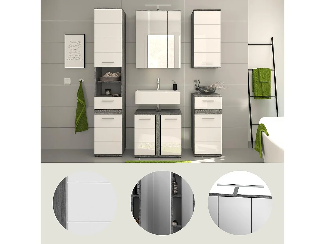 Blake Badmöbelset B11 Inkl. Beleuchtung Weiß hochglanz, grau.