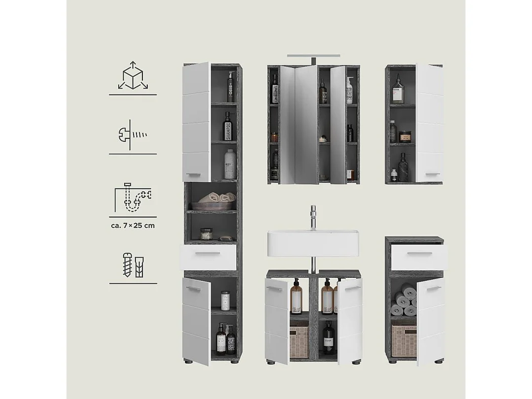 Blake Badmöbelset B11 Inkl. Beleuchtung Weiß hochglanz, grau.