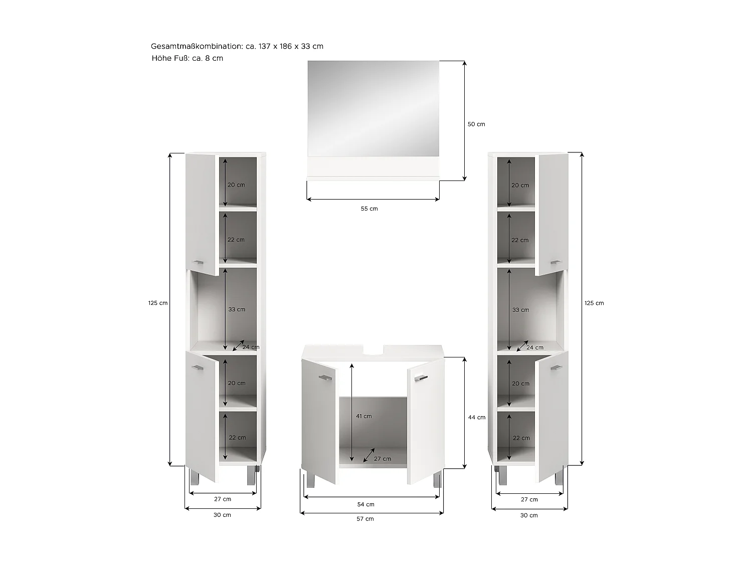 Tambo - Ensemble de 4 meubles de salle de bains (L/H/P : 137x186x33 cm) en mélaminé  blanc, vasque non incluse
