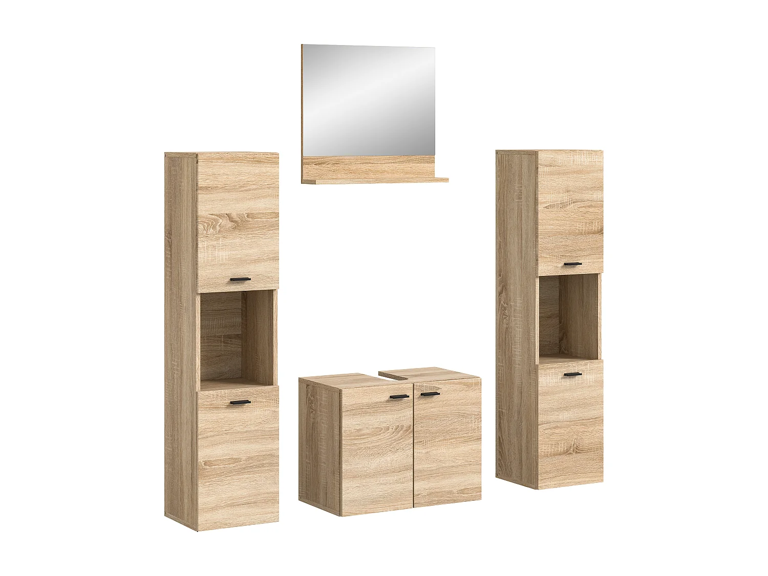 Tambo - Ensemble de 4 meubles de salle de bains (L/H/P : 137x186x33 cm) en mélaminé chêne, vasque non incluse