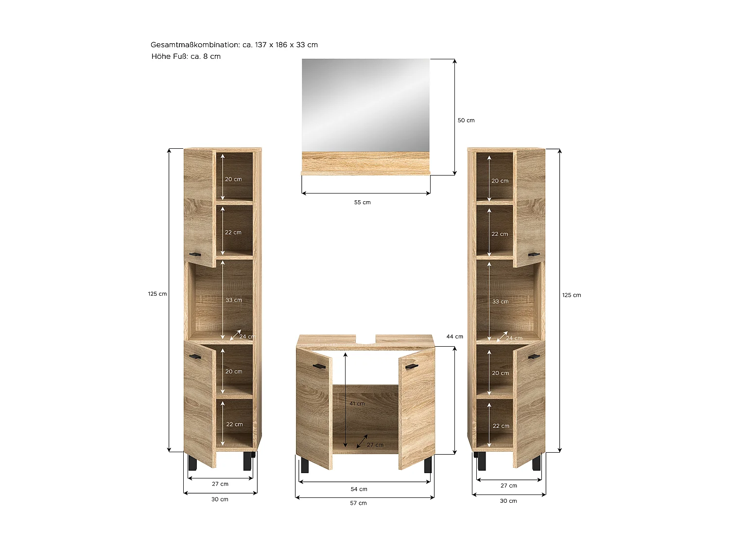 Tambo - Ensemble de 4 meubles de salle de bains (L/H/P : 137x186x33 cm) en mélaminé chêne, vasque non incluse