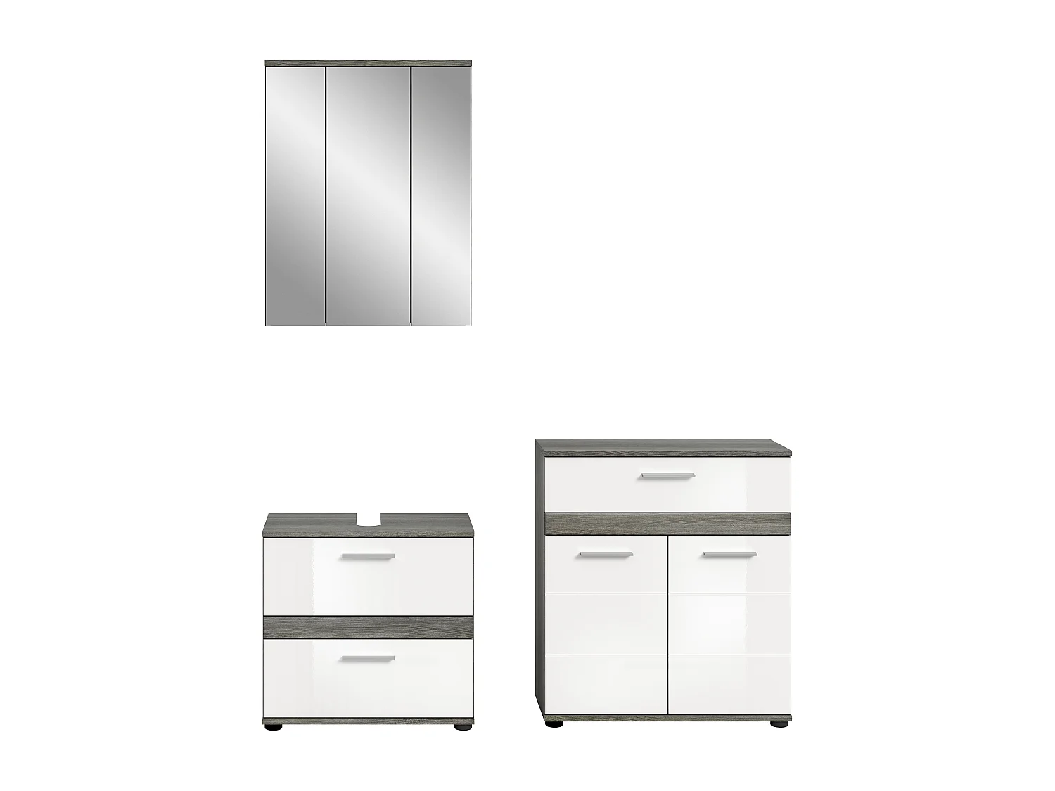Kaleb - Ensemble de 3 meubles de salle de bains en mélaminé blanc et argenté, vasque non incluse (L/H/P : 146x191x34 cm)