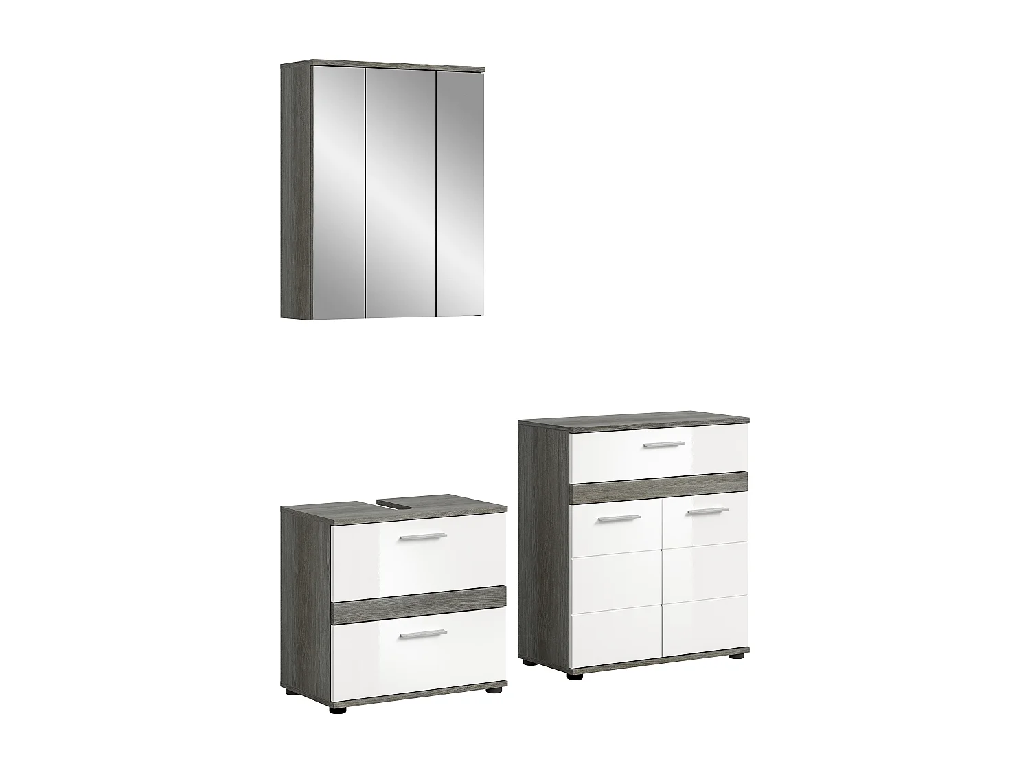 Kaleb - Ensemble de 3 meubles de salle de bains en mélaminé blanc et argenté, vasque non incluse (L/H/P : 146x191x34 cm)