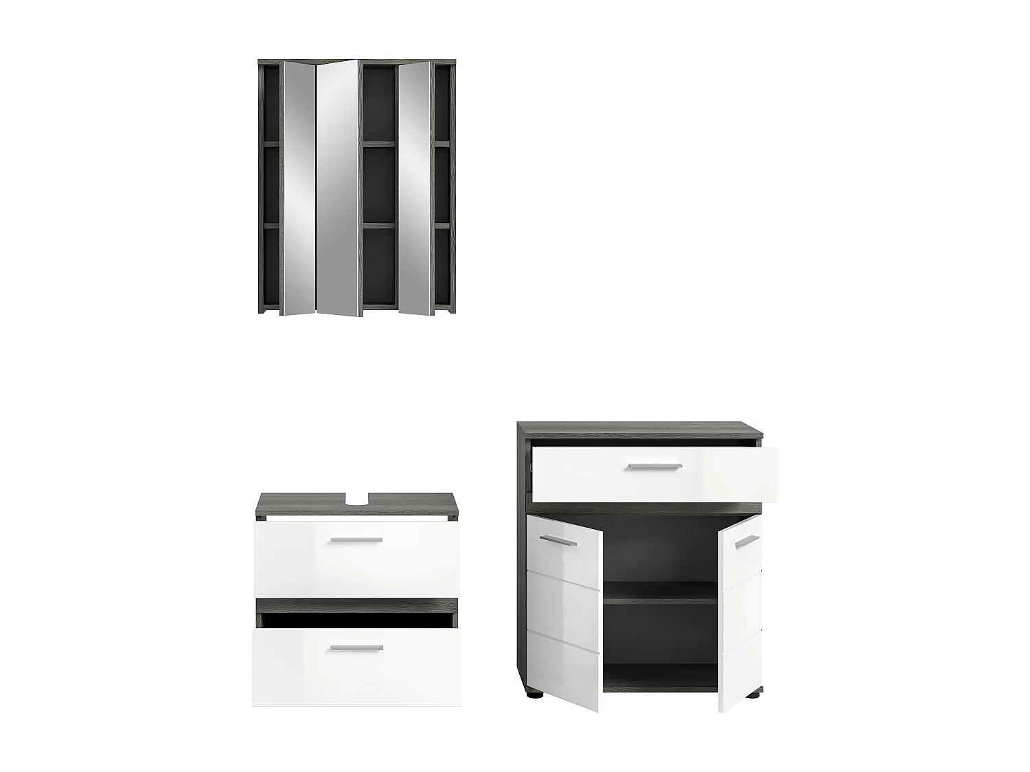 Kaleb - Ensemble de 3 meubles de salle de bains en mélaminé blanc et argenté, vasque non incluse (L/H/P : 146x191x34 cm)