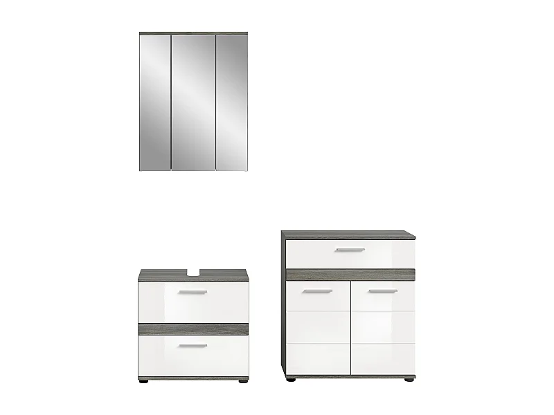 Kaleb - Ensemble de 3 meubles de salle de bains en mélaminé blanc et argenté, vasque non incluse (L/H/P : 146x191x34 cm)