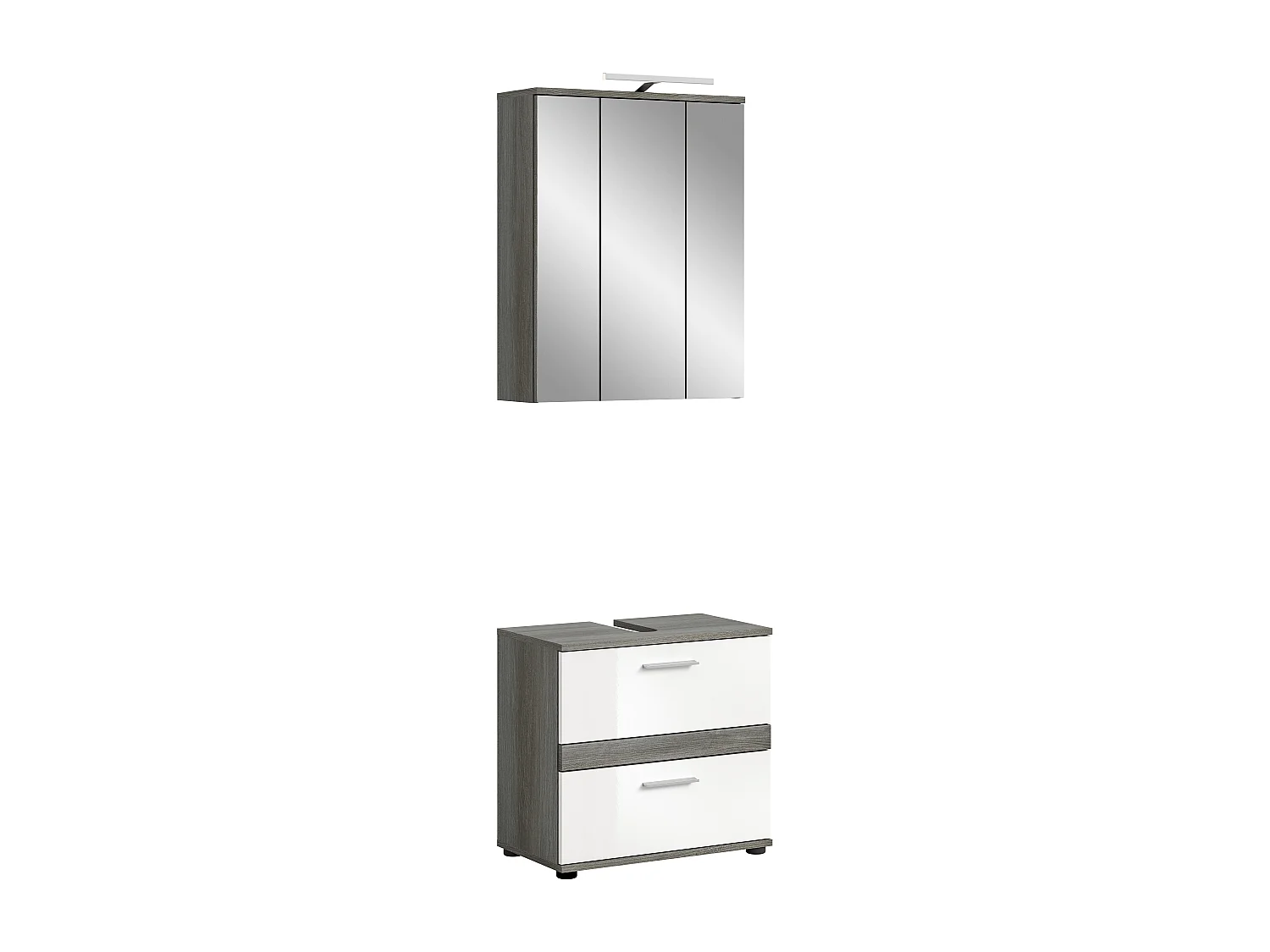 Kaleb - Ensemble de 2 meubles de salle de bains en mélaminé blanc et argenté avec éclairage, vasque non incluse (L/H/P : 60x191x34 cm)