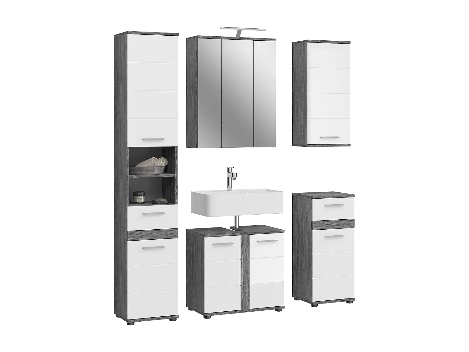 Kaleb - Ensemble de 5 meubles de salle de bains en mélaminé blanc et argenté avec éclairage, vasque non incluse (L/H/P : 164x191x34 cm)