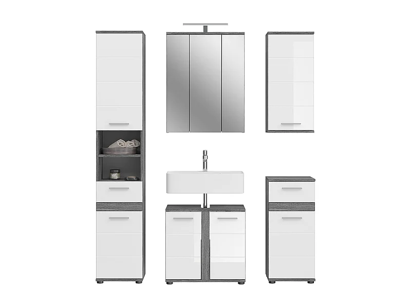 Kaleb - Ensemble de 5 meubles de salle de bains en mélaminé blanc et argenté avec éclairage, vasque non incluse (L/H/P : 164x191x34 cm)