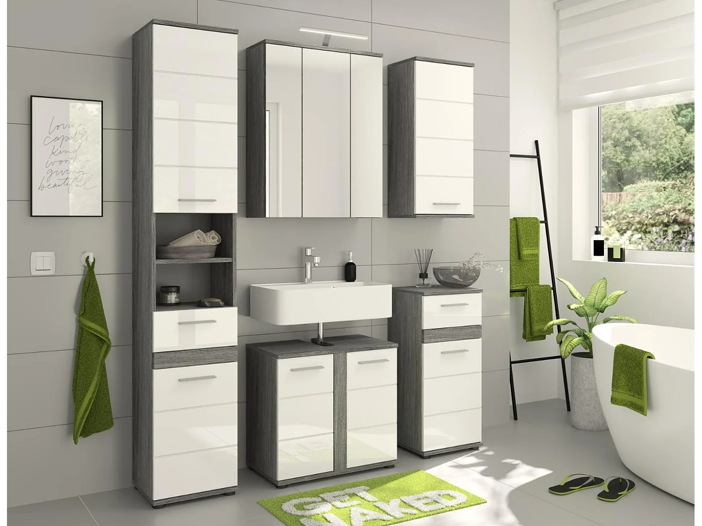 Blake Badmöbelset B9 Inkl. Beleuchtung Weiß hochglanz, grau.