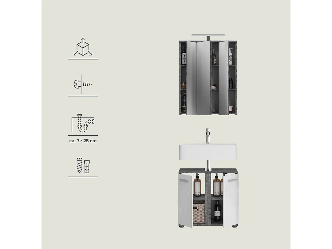 Blake Badmöbelset B9 Inkl. Beleuchtung Weiß hochglanz, grau.