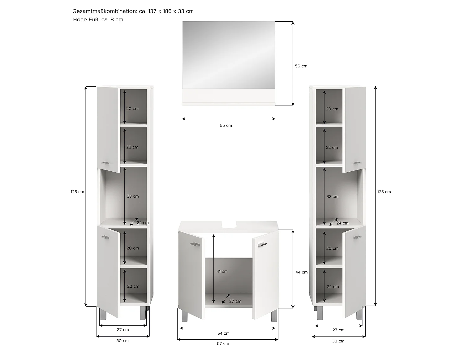 Boston - Ensemble de 4 meubles de salle de bains (L/H/P : 137x186x33 cm) en mélaminé  blanc, vasque non incluse
